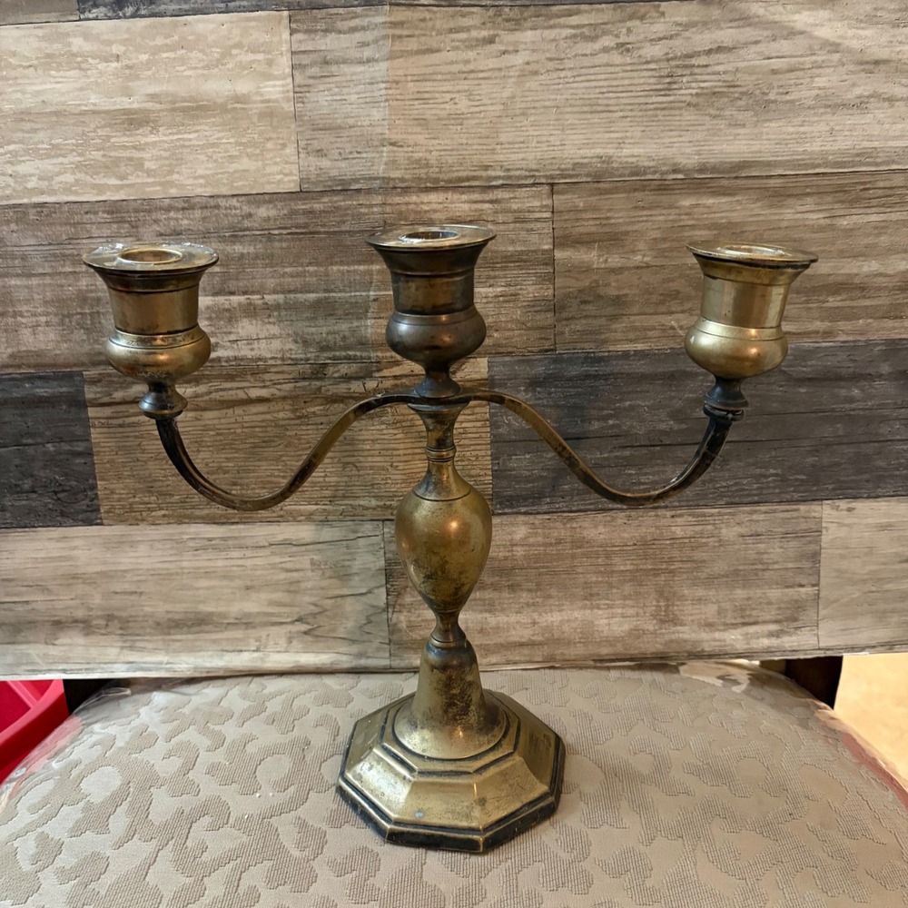 Vintage Brass 3 Arm Candelabra Taper Candle Holder Octagonal Base Made in India